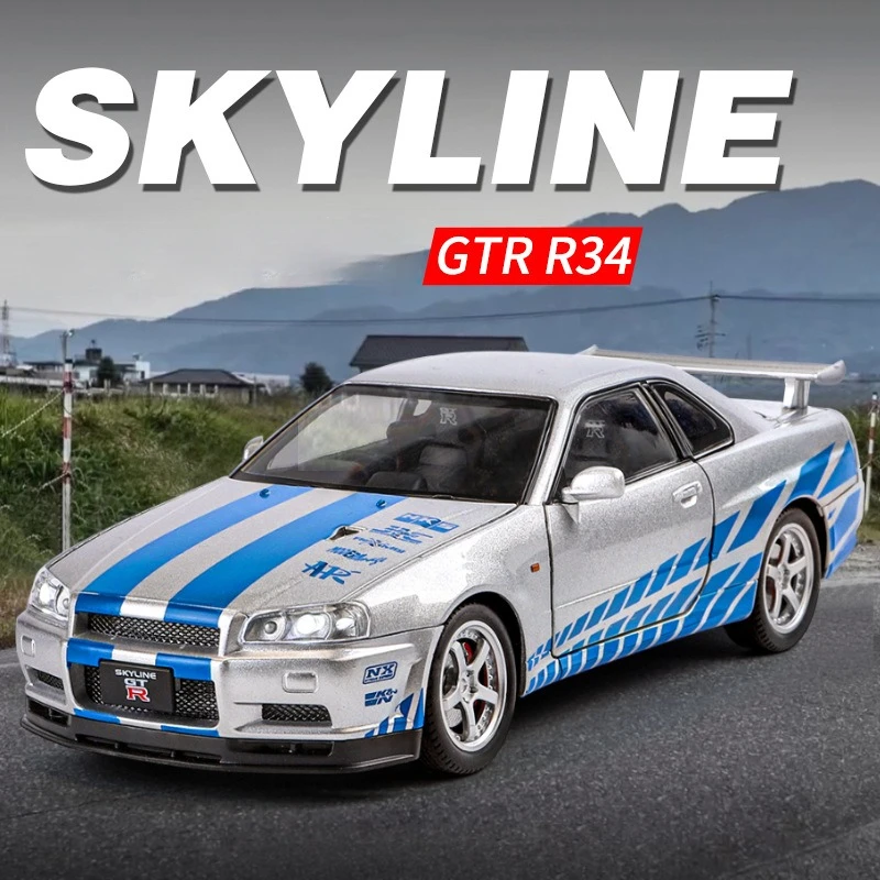 1/24 닛산 스카이라인 GTR-R34 패스트 앤 퓨리어스 합금 자동차 모델, 사운드 라이트, 수집용 미니어처 보이처 다이캐스트 장난감 차량 소년
