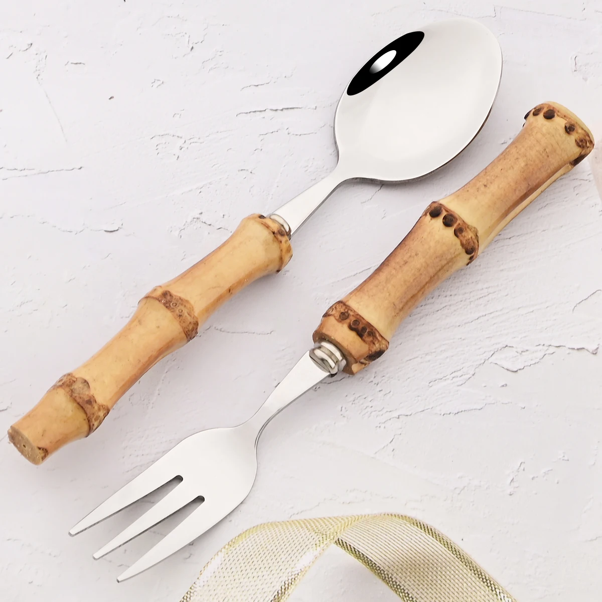 1Pc Wood Bamboo Root Handle Cutlery 304 Stainless Steel Dinnerware Serving Fork Spoon Salad Fork Spoon Coffee Tableware
