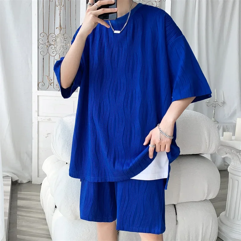 

Men Clothing 2023 High Quality Wave Pattern Drape Loose Casual Men's Sets Simple Short Sleeve Ice Silky Summer T Shirts + Shorts