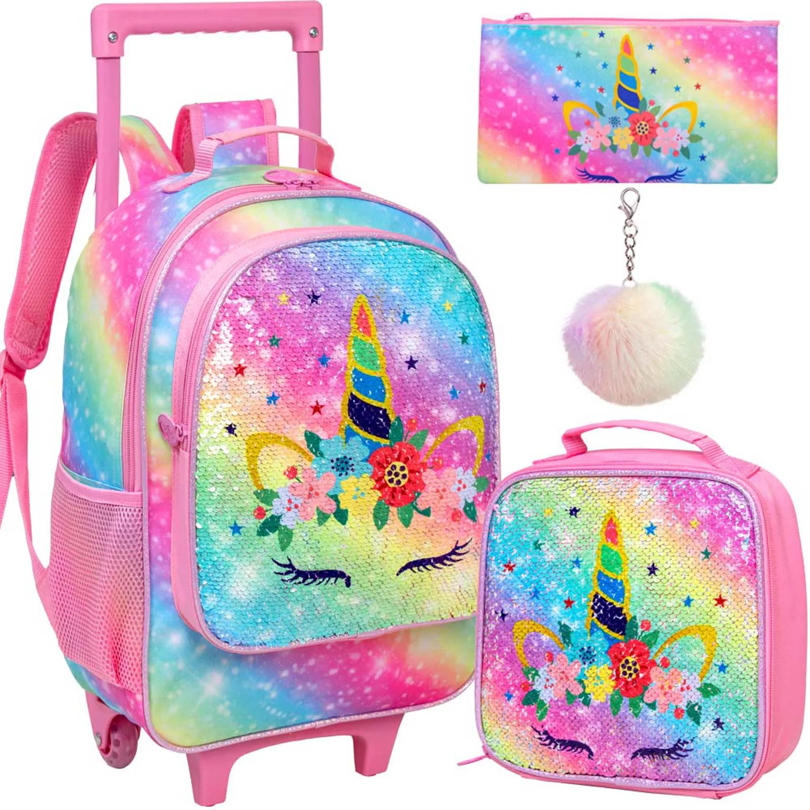 Mochila rodante para niñas, bolsa de libros de unicornio con ruedas de  rodillo, juego de maleta escolar para niños pequeños, primaria - AliExpress