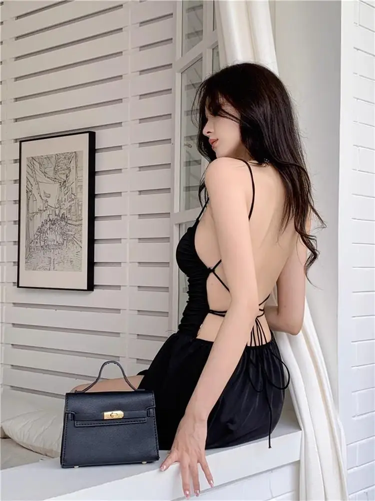 Summer Sexy Mini Dress Women Sleeveless Spaghetti Strap Streetwear Backless Pleated Split Black Dress Party A-line Dresses Y2k