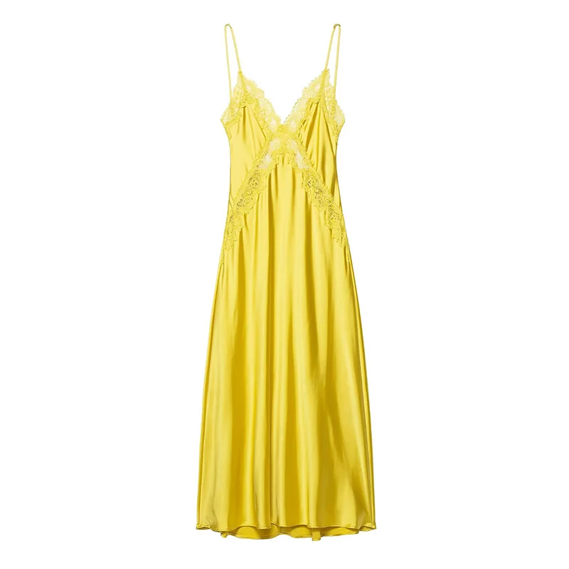 Womens Dresses Lace Satin Slip Dress Summer 2025 Sexy Evening Party Dresses Ladies Midi Yellow Sleeveless Backless Vestidos