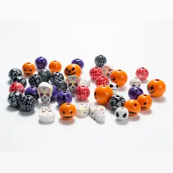 10pcs Ronud Beads Halloween Ronud Beads Handmade Colorful Wood Beads Halloween Skull Grimace Beads Pumpkin Head Grimace