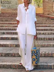 ZANZEA Fashion OL 2PCS Pant Sets Women Long Sleeve Shirt Outfits Vintage Wide Leg Long Trouser Suits Casual Loose Chic Tracksuit