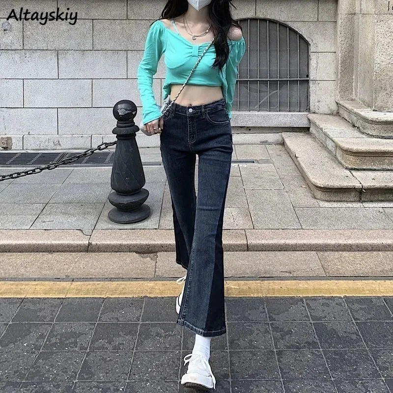 

Women Flare Jeans High Waist Ankle-length Spliced Casual Elegant Washed Vintage Denim Female Desighed Autumn Trendy Slim Ulzzang