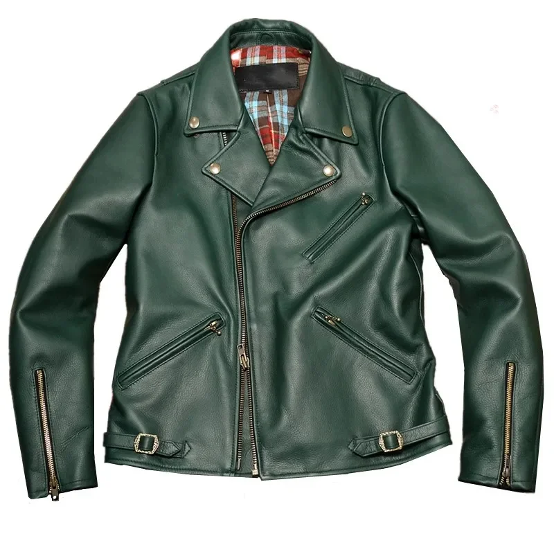 Envío. Chaqueta de piel de vaca gruesa verde vintage de marca gratis. Abrigo de cuero genuino suave de calidad. Tela japonesa Cool Rider