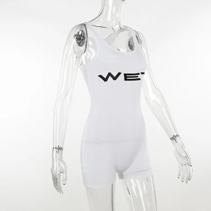 Mono de una pieza blanco con estampado de letras para mujer, mono sin mangas, mono corto ajustado, ropa de verano