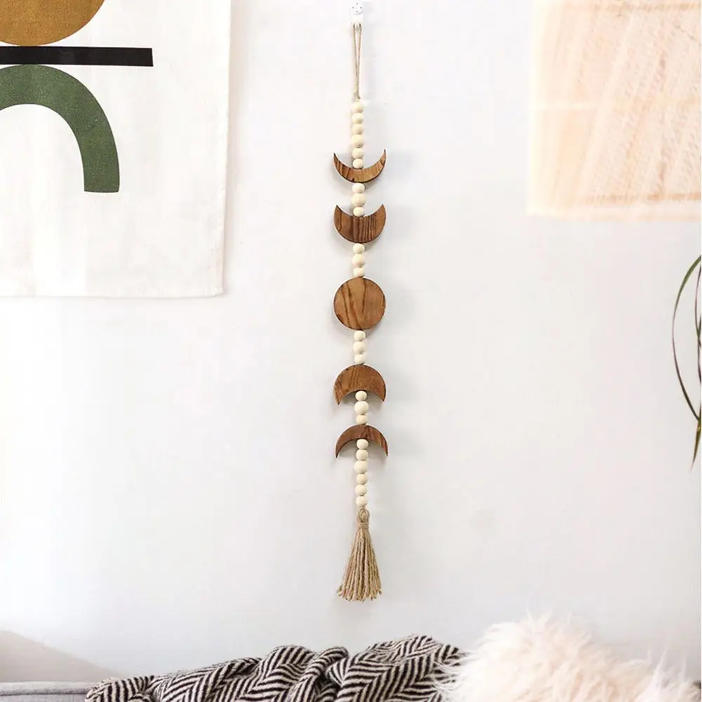 Wall Hanging Garland Wood Star Moon Phase Wall Hanging Garland Boho Beaded Moon Garland with Tassel Home Wall Decor wall hanging garland