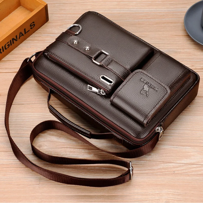 Leather Briefcase Men PU Leather Shoulder Crossbody Bag Laptop Briefcase