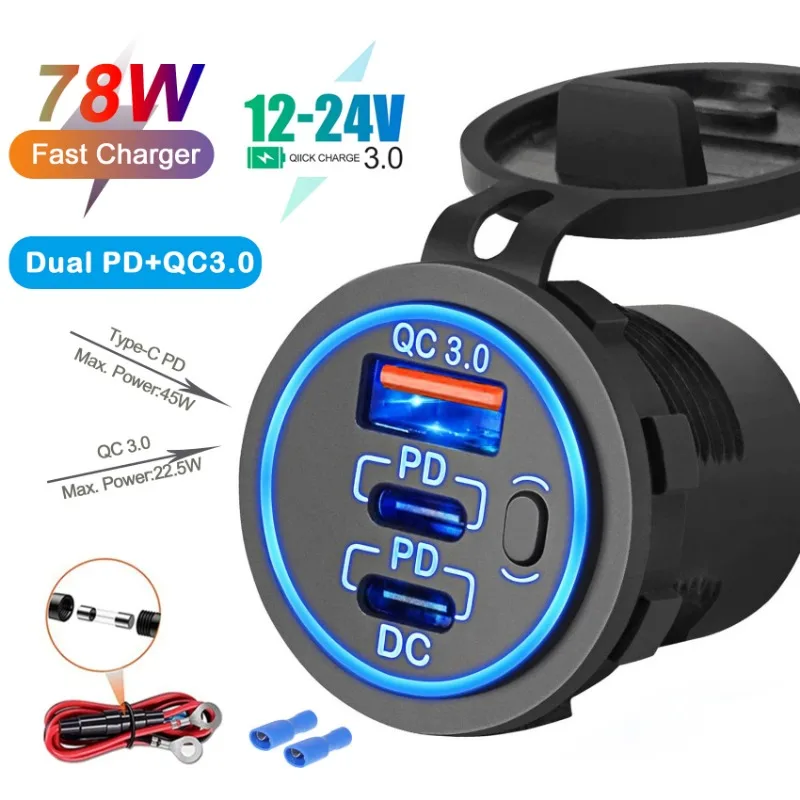 Chargeur USB QC3.0 Double Port étanche 12V/24V Pour Voiture Moto - Prise Allume-cigare Bleu