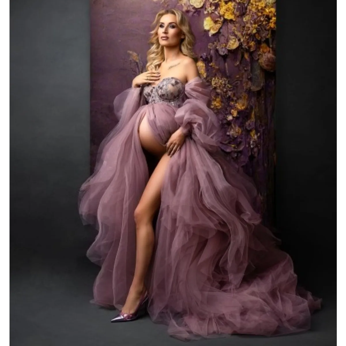 Purple Tulle Maternity Dress for Photo Shoot Sexy Lace Women Maternity Gown Babyshower Nightwear Pregnancy Dress Breastfeeding