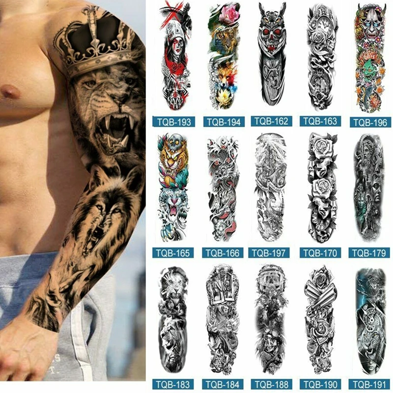 

Large Arm Sleeve Waterproof Temporary Tattoo Sticker Lion Crown King Rose Large Size Full Skull Totem Fake Tattoos For Men Women