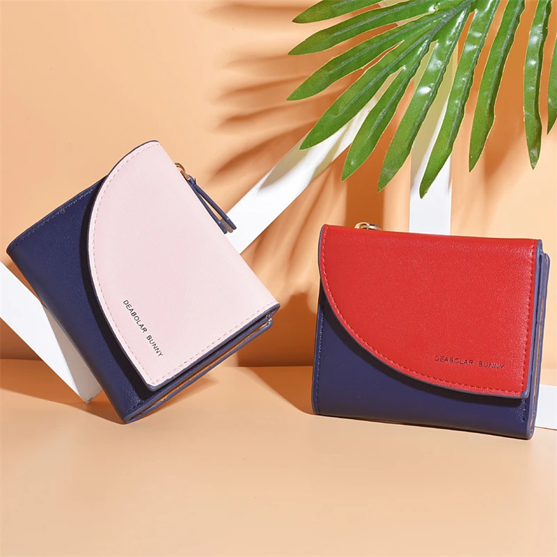 

Women's Small Wallet Pu Leather Cute Girl Short Contrast Color Zipper Card Case Coin Female Hand Purse Card Holder