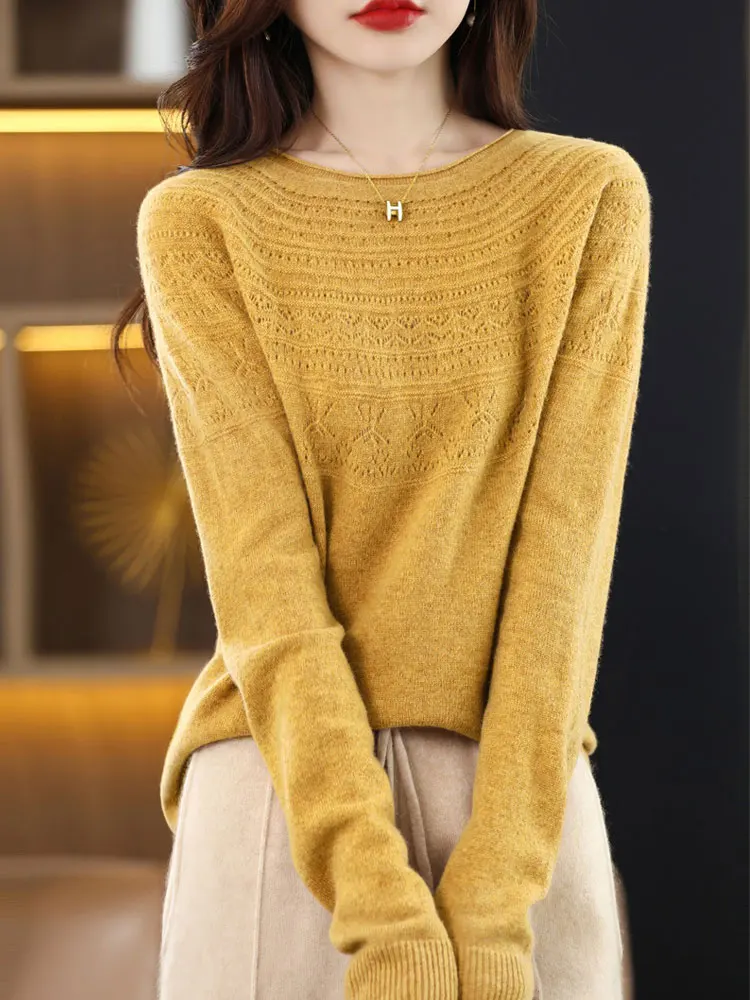 

Autumn Winter Women O-neck Hollow Pullovers 100% Merino Wool Sweater Long Sleeve Basic Cashmere Bottoming Shirt Korean Fashion