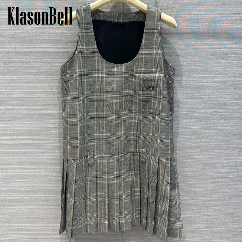 

5.21 KlasonBell Pocket Letter Embroidery Wool Blend Plaid Tank Dress Temperament Sweet U-Neck Pleated Mini Dress Women