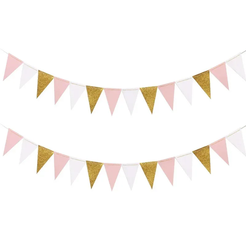 Party decorations christmas decorations birthday banner birthday streamers wedding decor supplies 10Ft pink white gold paper triangle garland flag bunting pennant banner for wedding bridal shower birthday party home decoration