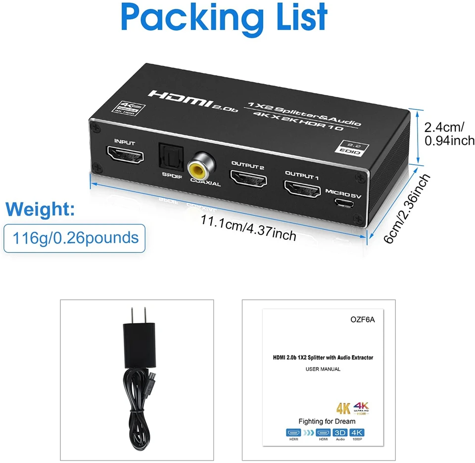 HDMIケーブル付きスプリッタースプリッター1x2 4k,Hdmi,オーディオ