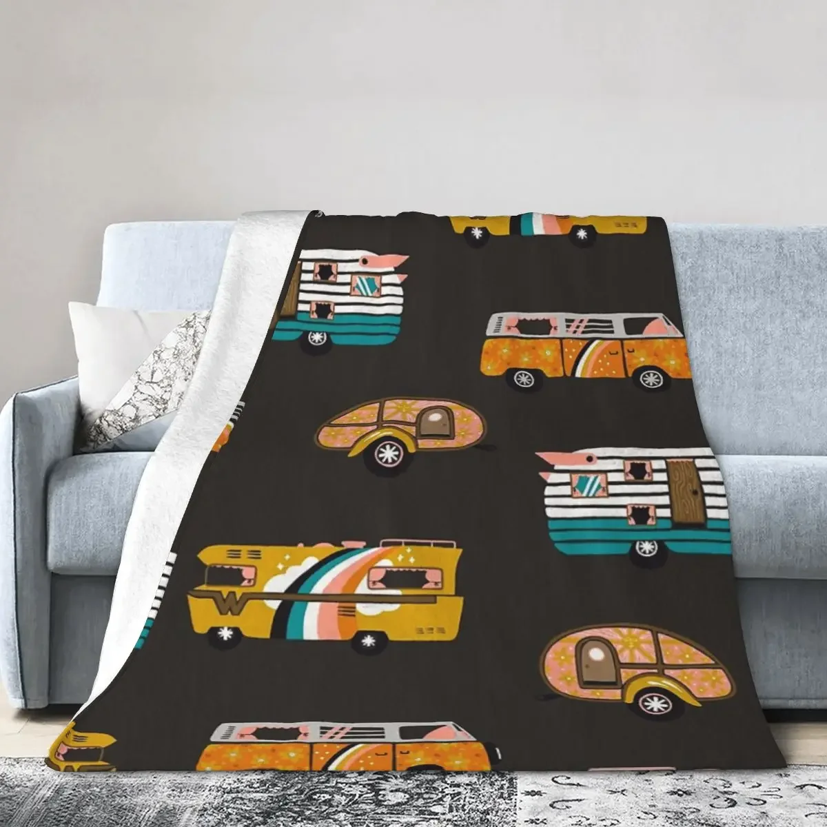 

Throw Blanket Retro Road Trip Charcoal Blankets Soft Bedding Warm Plush Blanket for Bed Living room Picnic Travel Home Sofa