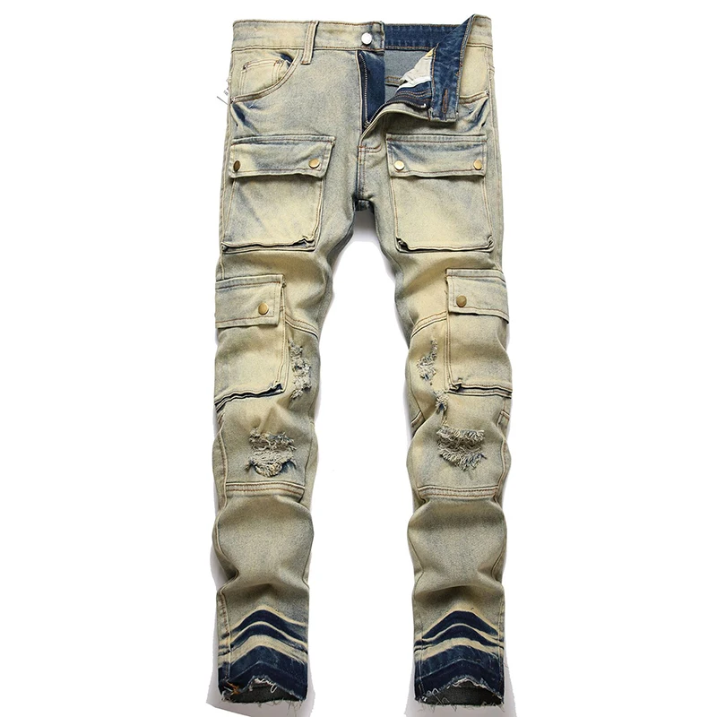 

2023 New Men Trendy Retro Jeans Mens Patchwork With Multiple Pockets Straight Jeans Male Cargo Denim Pants Vaqueros Hombre