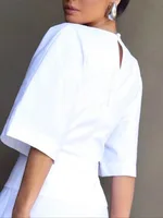 Yeezzi Women's Cotton Zipper White A-line Dress 2025 New Half Sleeves Solid Color V-Neck Simple Office Commuter Maxi Dresses - Image 3