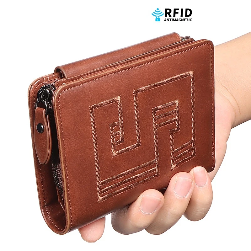 Vintage Men's Wallet Embroidery PU leather short Purse Male Anti theft swiping Card Bags Three fold driver's license Coin Wallet