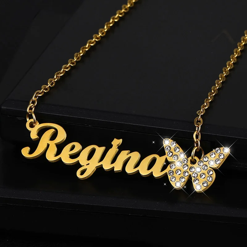 

Custom Butterfly Name Necklaces Personalized Necklaces For Women Gold Stainless Steel Chain Necklaces Iced Out Butterfly Gifts