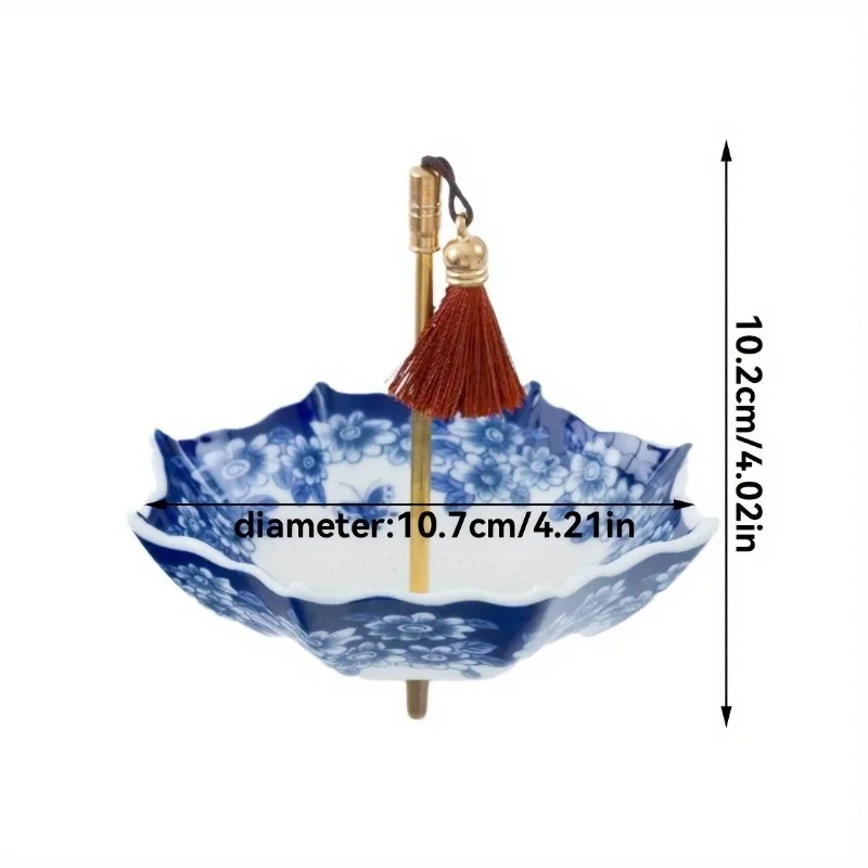 Elegant Blue and White Floral Ceramic Tea Strainer with Tassel - Decorative Umbrella-Shaped Tea Leaf Filter