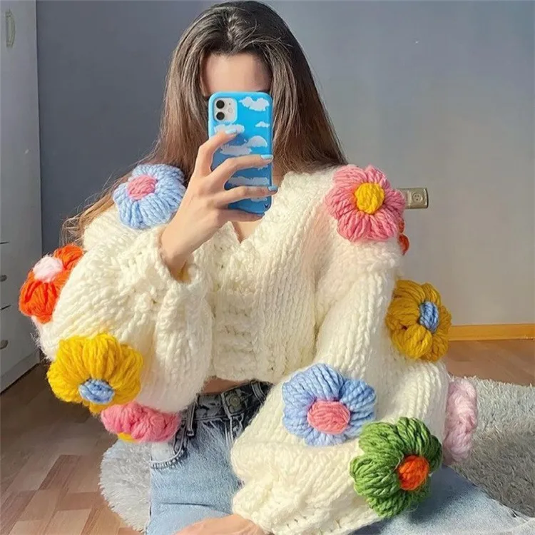 

Handmade Three-dimensional Hook Flower Flower Lantern Sleeves Sweet Loose Lazy Thick Warm Sweater Fashion Cardigan Jacket