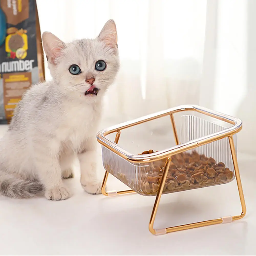 

Transparent Cat Bowl Iron Tall Feet Slanted Mouth Protecting Cervical Spine Drinking Water Food Basin Dog Pet Single Double Bowl
