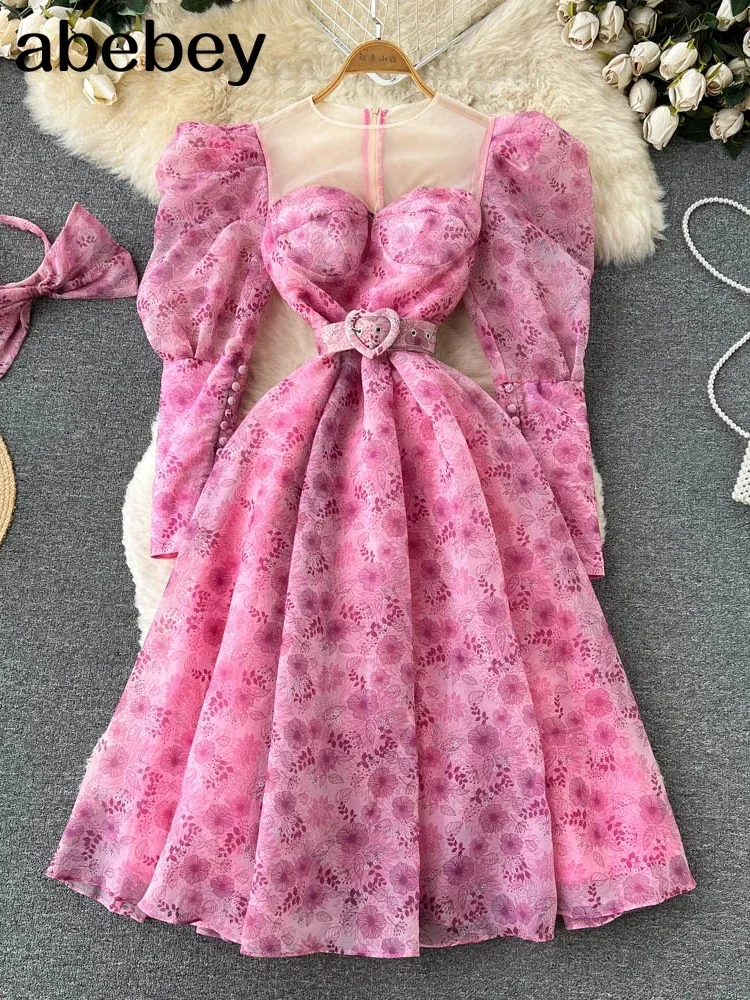 

Pink Flower Printed Dress Women with Belt 2022 Puff Sleeve High Waist Elegant Party Dresses Women Clothes Vintage Beach Vestidos