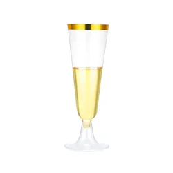 Disposable Clear Plastic Champagne Flutes - Set of 25/50/100, 150ml Toasting Glasses - 100pcs (Gold rim)