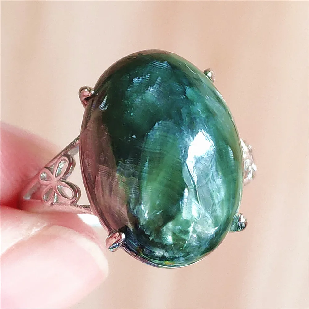 silver rings Natural Green Seraphinite Adjustable Size Ring Women Men Seraphinite Ring Clinochlore Oval Gemstone 925 Sterling Silver AAAAAA gucci ring