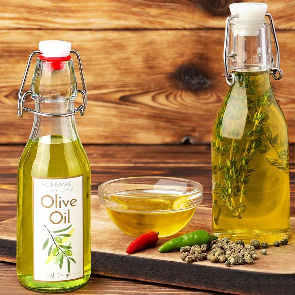 Swing Top Glass Bottles for Olive Oil Homemade 8 oz Clear Flip Top Bottles with Airtight Lids Labels for Storing Homemade Oil 6