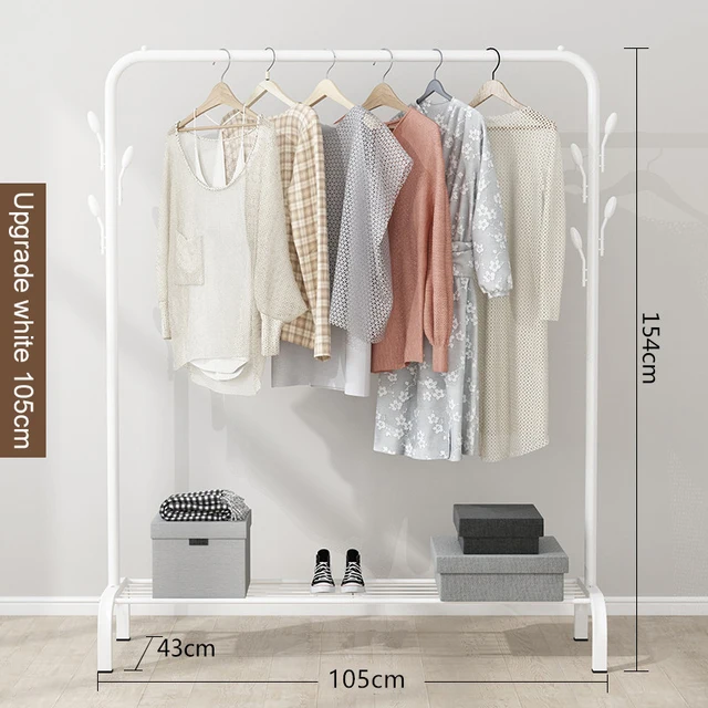 Garment Rack Floor Standing Clothes Hanger Double Pole Coat Rack Wardrobe Clothing Drying Rack Mobile Cloth Rail Home Furniture W Update 105cm