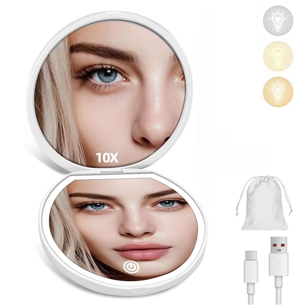 LED Pocket Mirror - Rechargeable Compact Cosmetic Mirror with Light, Travel-Friendly and Folding Design, 1X/10X Magnification