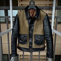 Retro Casual Style Spring Leather Jacket Men Natural Horsehide and Canvas Spliced Slim Fit Short Genuine Coat
