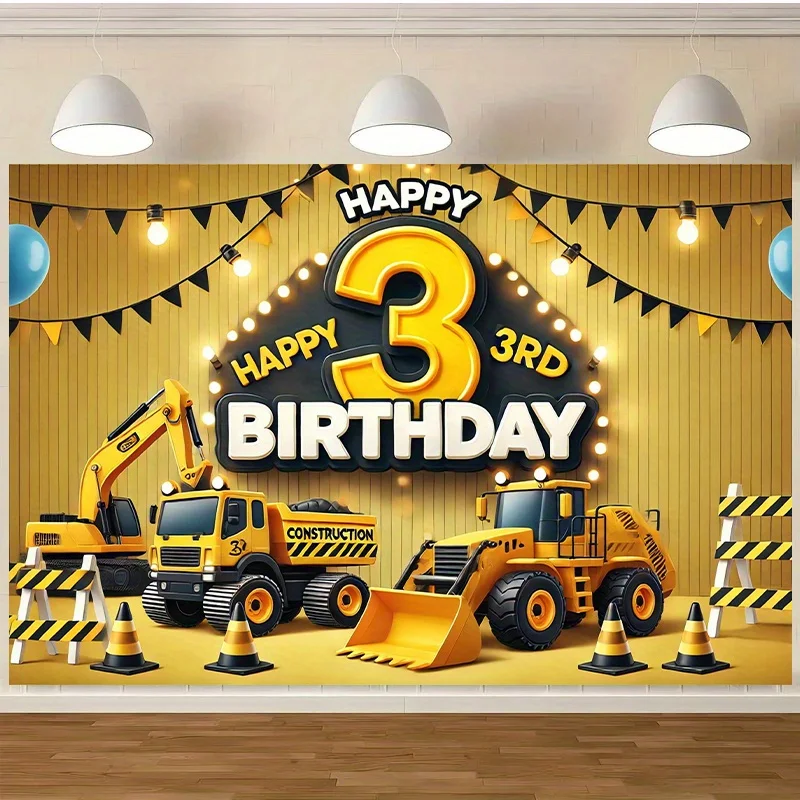 Alles Gute zum 3. Geburtstag, Architektur-Themenhintergrundbanner – lebendiges gelbes BaggerdesignL – Detail 7