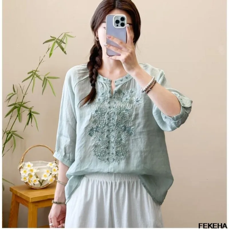 

Summer Embroidery Shirts Women Pullover Blouses Three Quarter Sleeve Lady Tops Loose Female Clothes