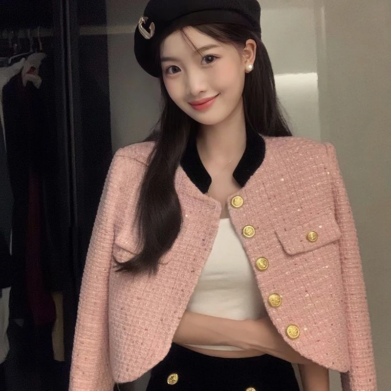 Elegant Women Tweed Cropped Jacket 2023 Korean Fashion Long Sleeve Vintage Coat All-Match Button Patchwork Casual Outwear Top