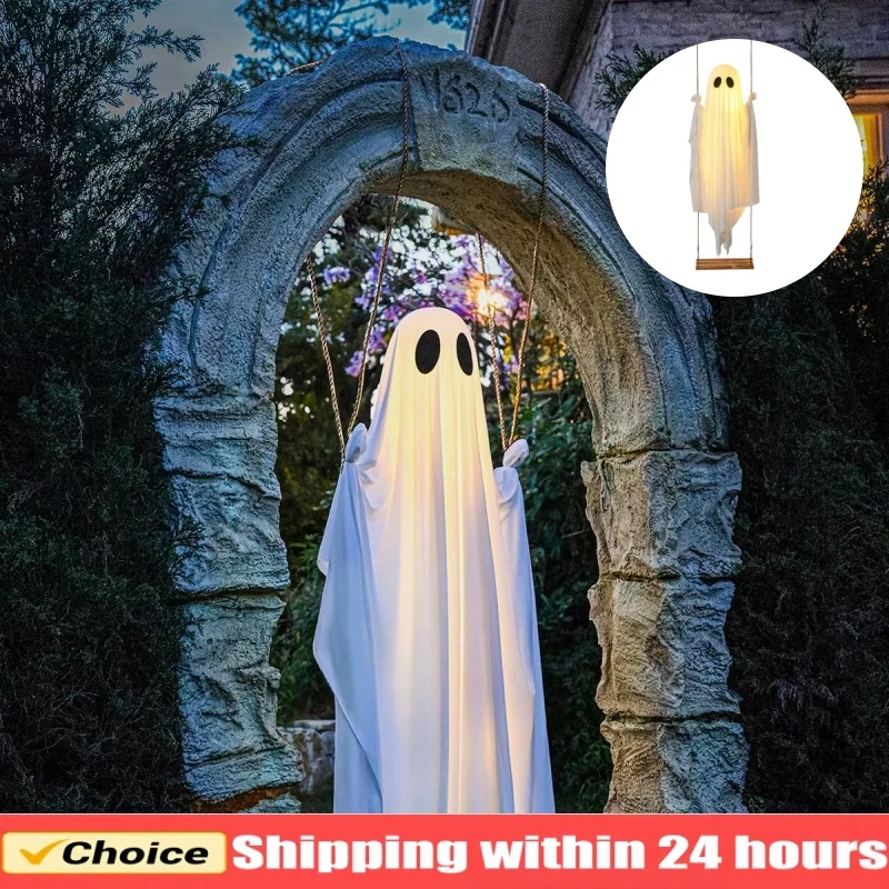 Halloween Large Hanging Swing Ghost Halloween Outdoor Decor with String Lights-Spooky Cute Ghosts Decor for Front Porch Yard Tre