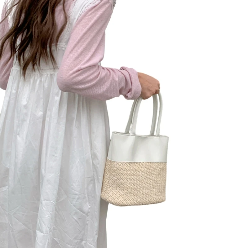 Fashionable Patchwork Shoulder Bag with PU Leather Details Straw Bucket Handbag