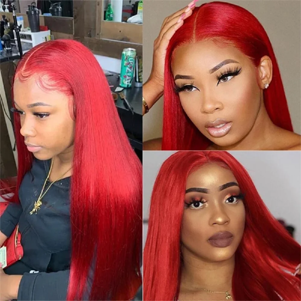Red Straight 13x4 Brazilian Hair Lace Front Wig 250 Density Human Hair Wigs Red Pre Plucked Human Wigs 13x6 HD Lace Front