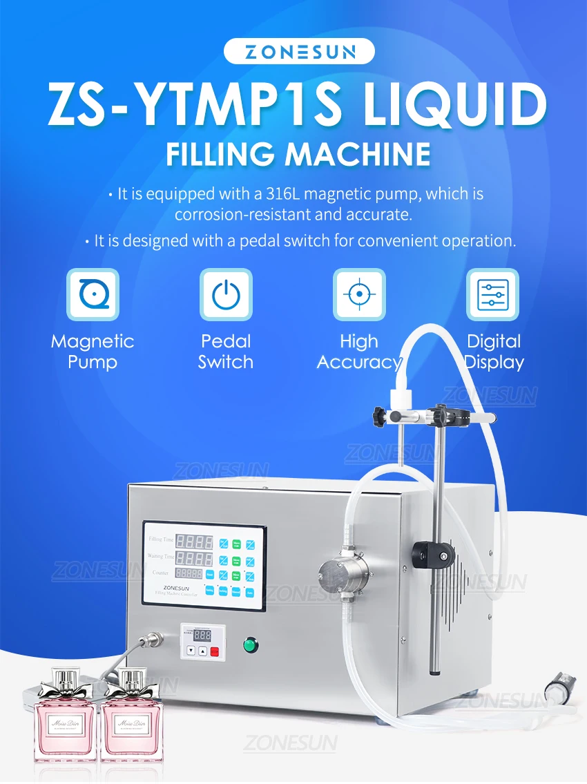 ZONESUN ZS-YTMP1S Semi-atuo Liquid Filling Machine Magnetic Pump Beverage Perfume Essential Oil juice Water Bottle Filler