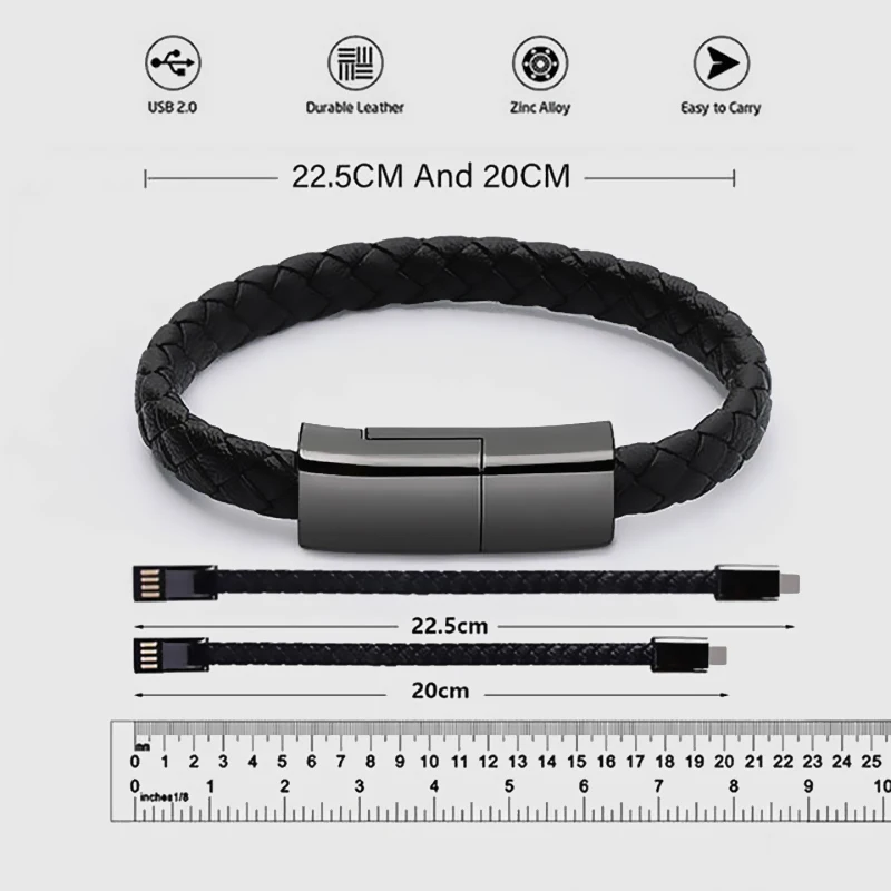 Portable Fast Charging Bracelet USB Cable – Micro, Type C Charger Cord