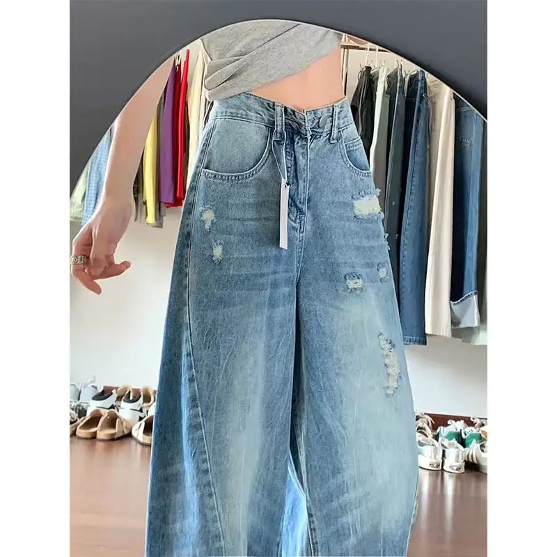 Jean en denim bleu rétro américain grande taille pour femme, nouvelle collection été, taille haute, coupe ample et droite, pantalon long fin