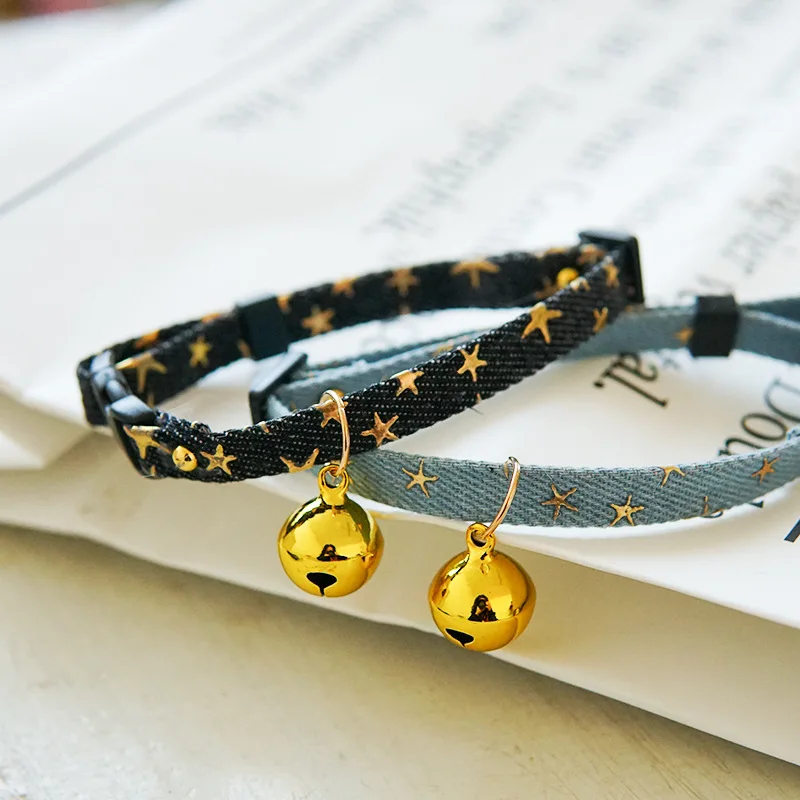 Denim Breakaway Cat Collars with Bell Cat Pendant Kitty Kitten Collars Blue Collar for Female Girl Cats Male Boy Cats Star Print 4