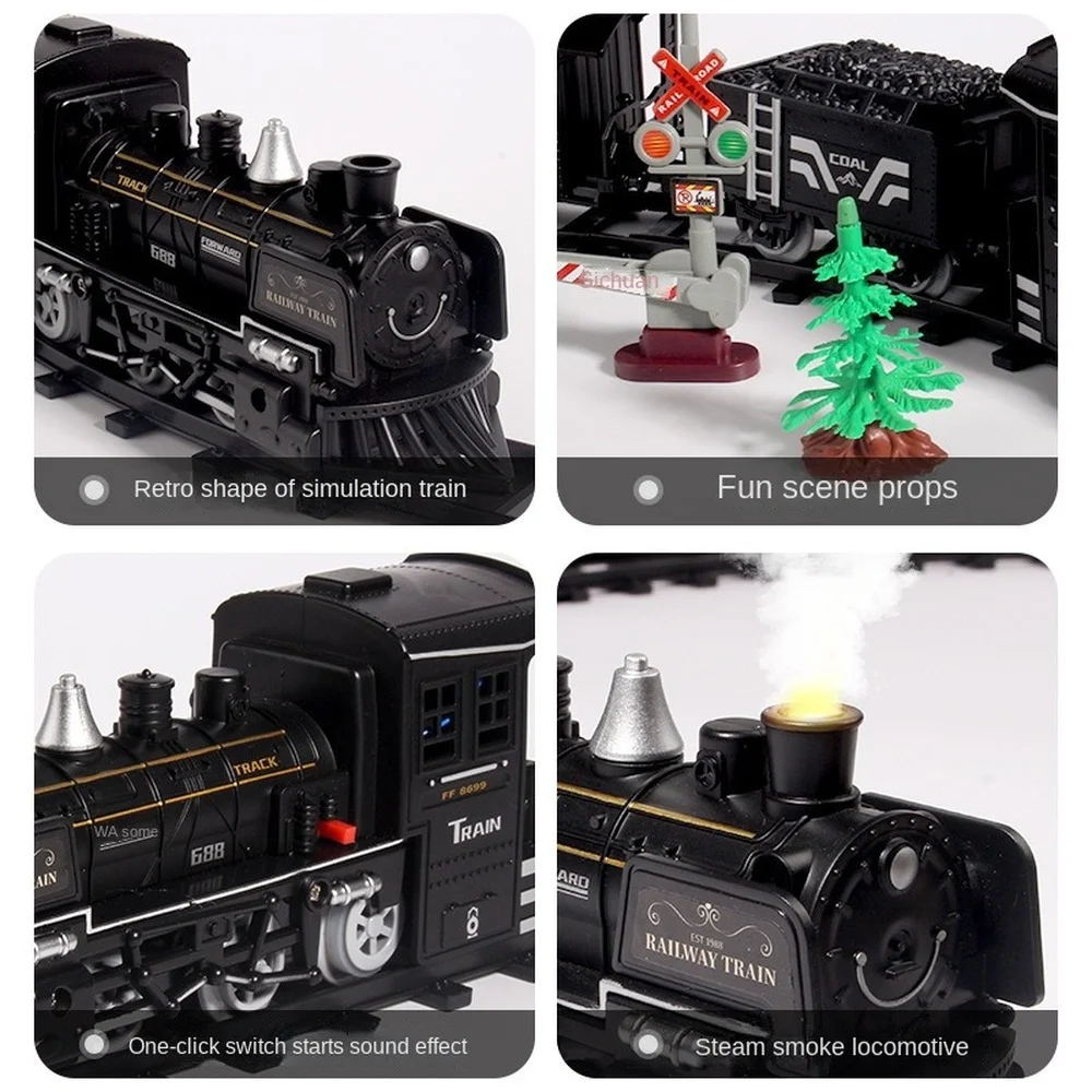 Simulation Steam Train Model Railway Classical Railway Freight Electric Train Track Toy Boy with Smoke Children's Gift