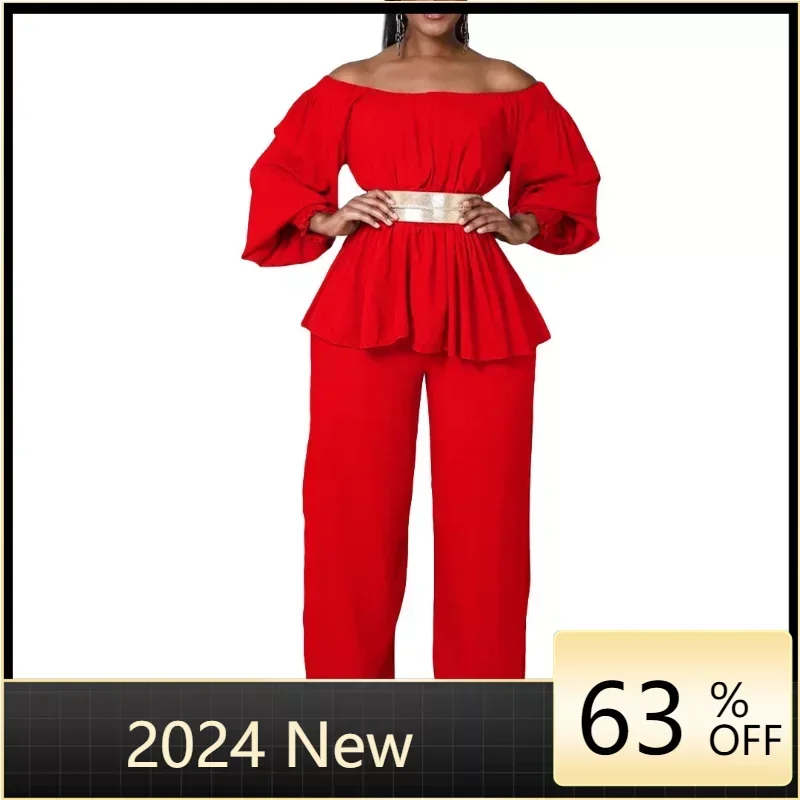 

Женский брючный костюм с длинным рукавом-фонариком, элегантный повседневный костюм из топа с открытыми плечами и брюк с широкими штанинами, лето 2024