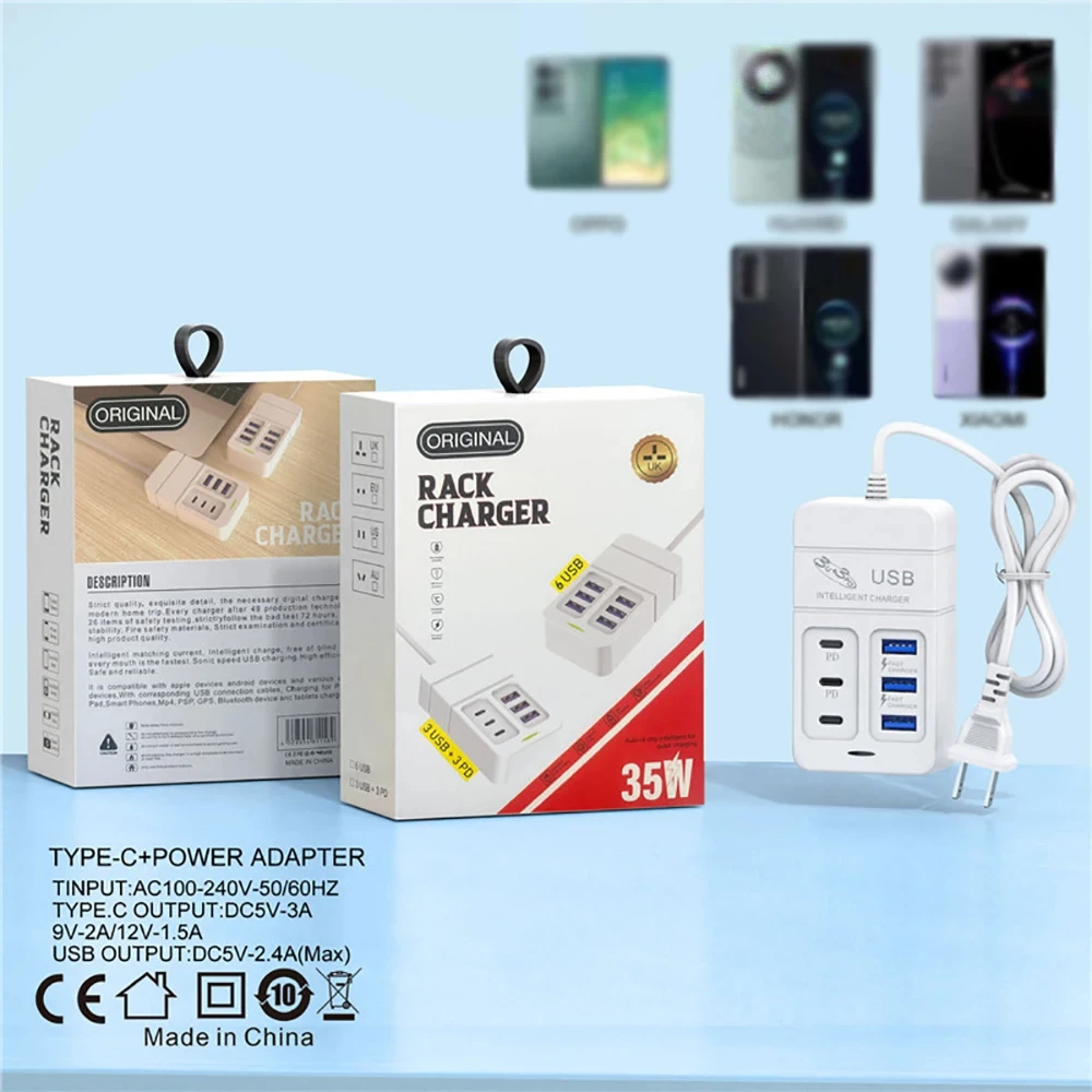 6Ports Multiport USB Charger 35W PD Type-C Mobile Phone Fast Charge Quick Type C Wall Plug Adapter EU US Plug