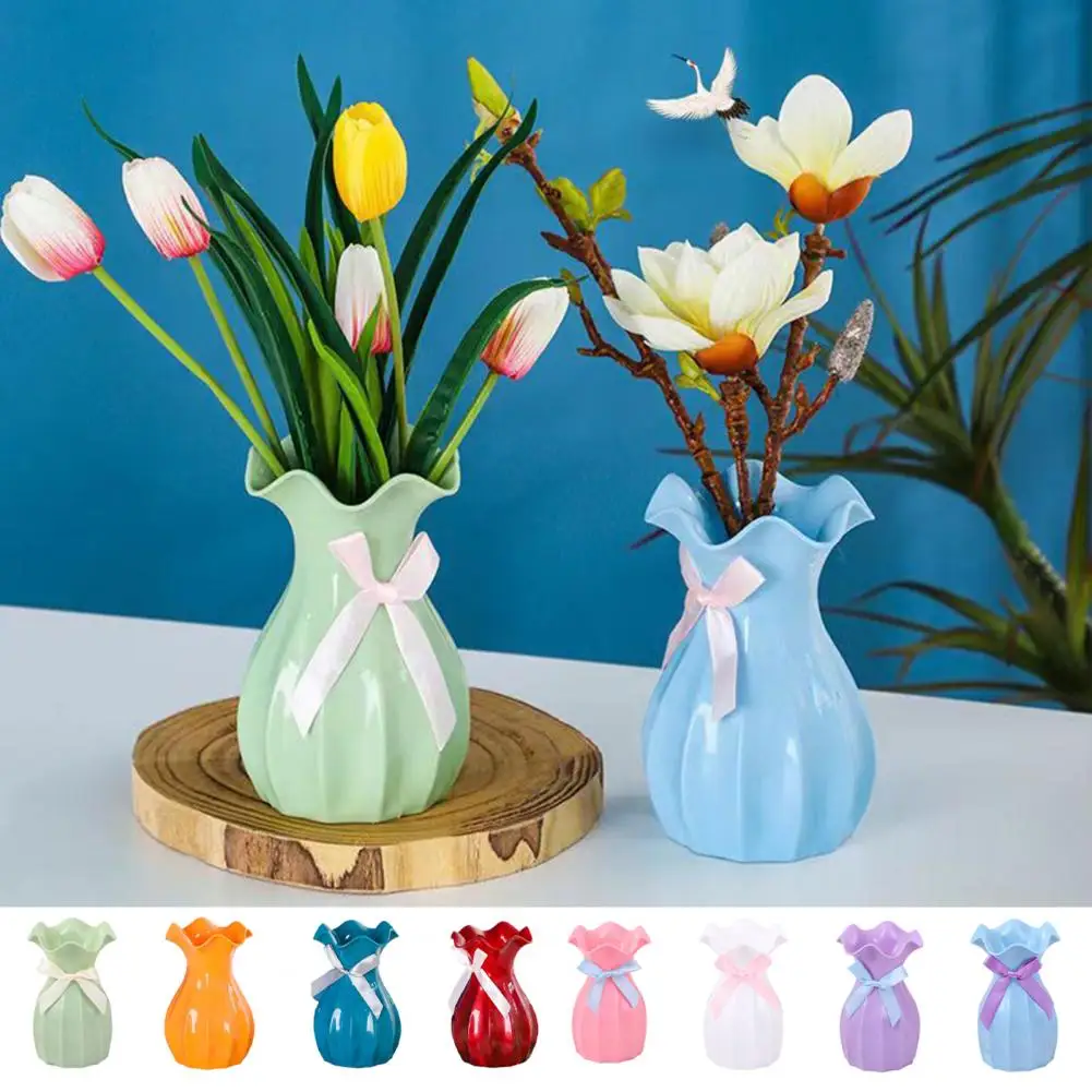 Flower Vase Nordic Plastic Vase Shatterproof Flower Vase with Ruffled Mouth Dried Flowers Holder with Bow for Home Decor 3